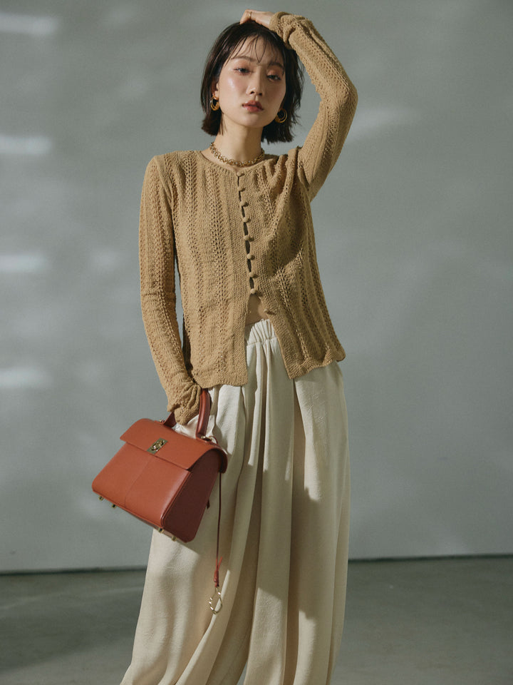 【Allure】[SET]透かし編みニットカーディガントップス+ワッシャーサテンタックジョガーパンツ(2set)