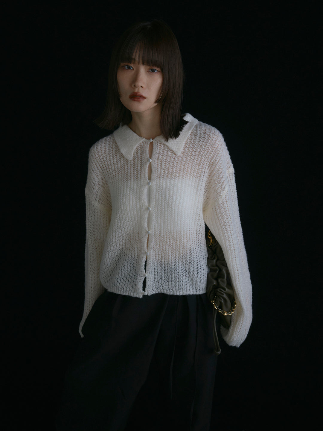 【Allure】[SET]起毛片畦編みシアーポロニット+ラップデザインタックワイドパンツ(2set)