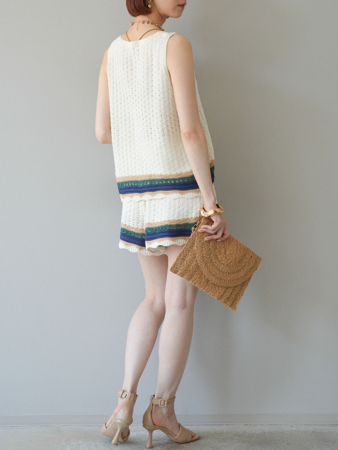 [SET]裾マルチボーダーニットベスト＆ショートパンツ SET UP(2set)
