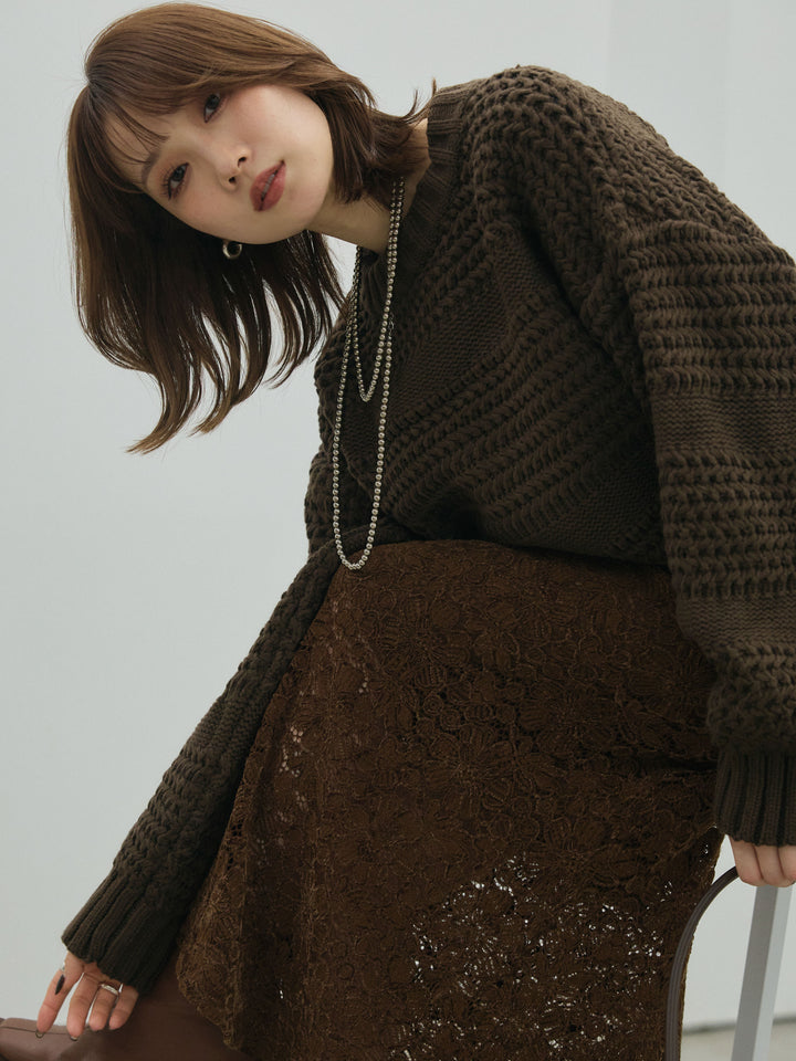 [予約]ライン編みニットプルオーバー/brown