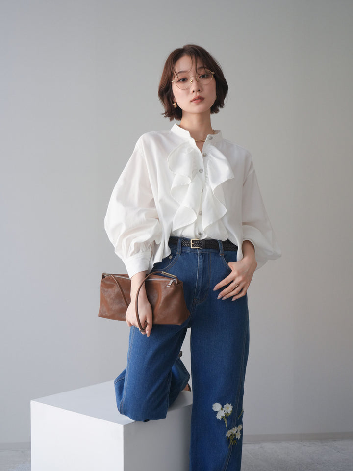 [SET]ラッフルフレアショートブラウス+フラワー刺繍ストレートデニム(2set)