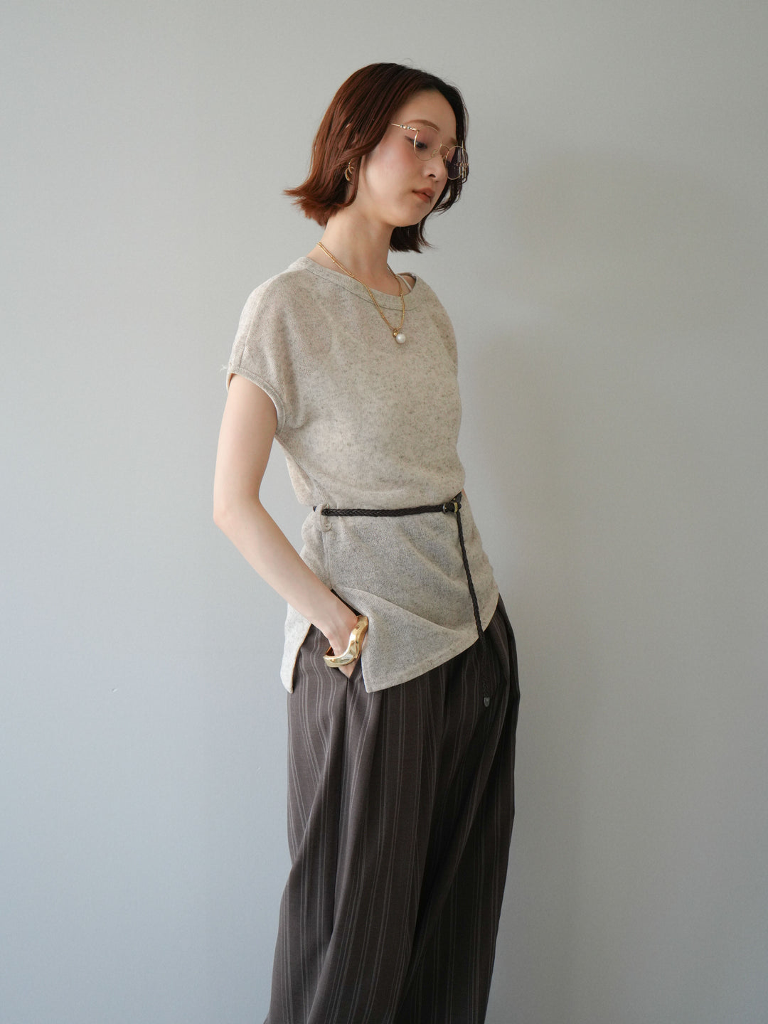 [予約]ベルト付アシメシアーニットトップス/beige
