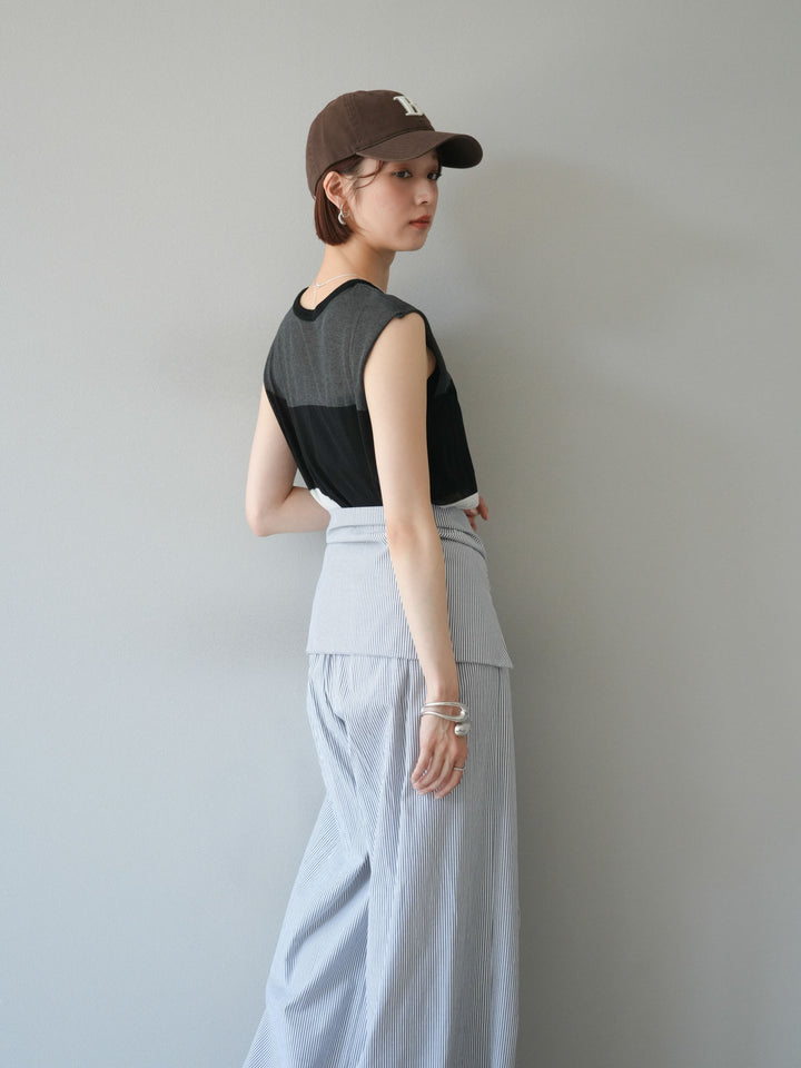[SET] 雙色透視針織無袖上衣 + 條紋束腰休閒褲 (2set)