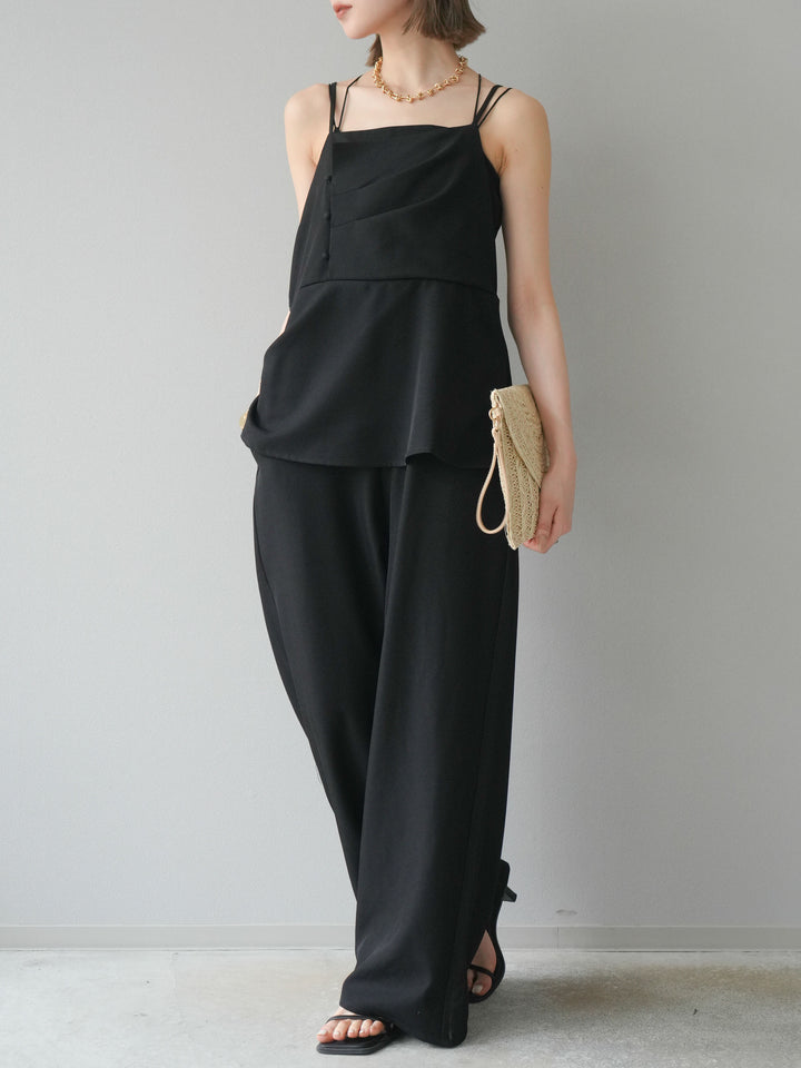 [預購] 亞麻觸感多層吊帶連身衣/黑色