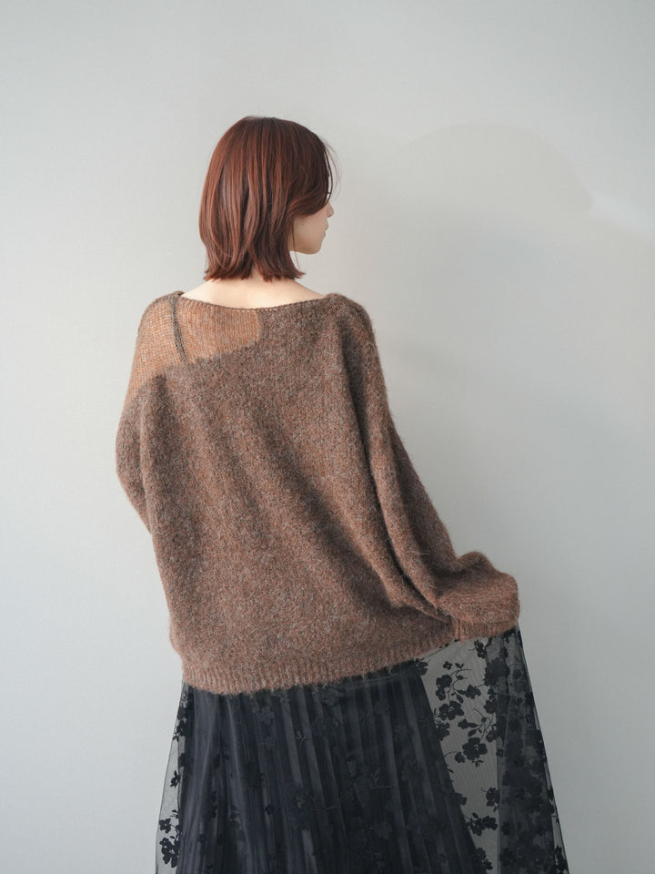 [SET]透かしデザインニットプルオーバー+フラワーフロッキーチュールプリーツスカート(2set)