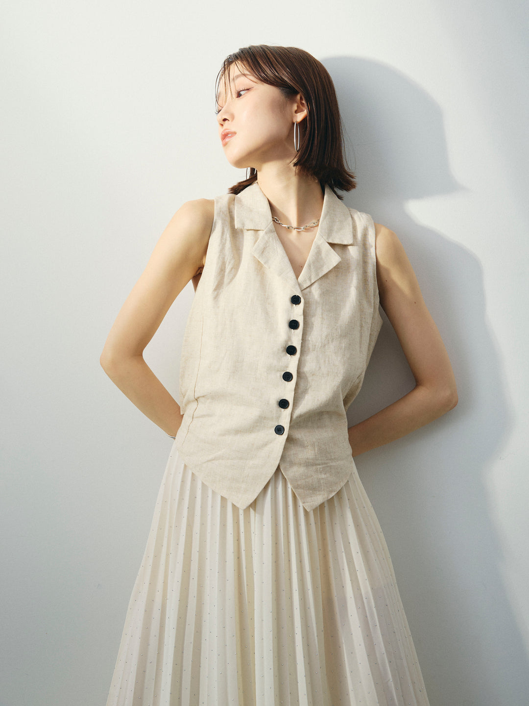 [SET]リネンライクテーラードジレ+ラインストーンプリーツスカート(2set)