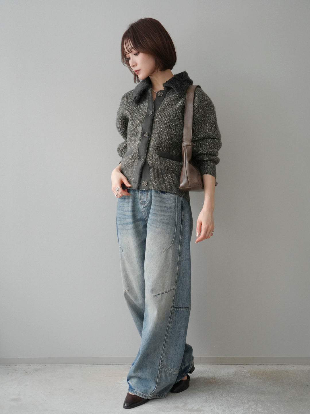 [SET]襟ボアミックスヤーンニットカーディガン+ベルト付カーブデニムパンツ(2set)