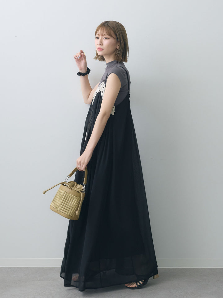 [SET]センタークロシェレースキャミワンピース+シアー切替ストレッチトップス(2set)