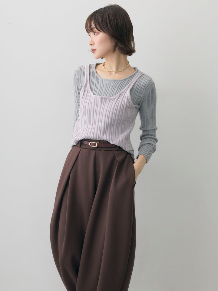 [予約]レイヤードデザインランダムリブニットトップス/gray