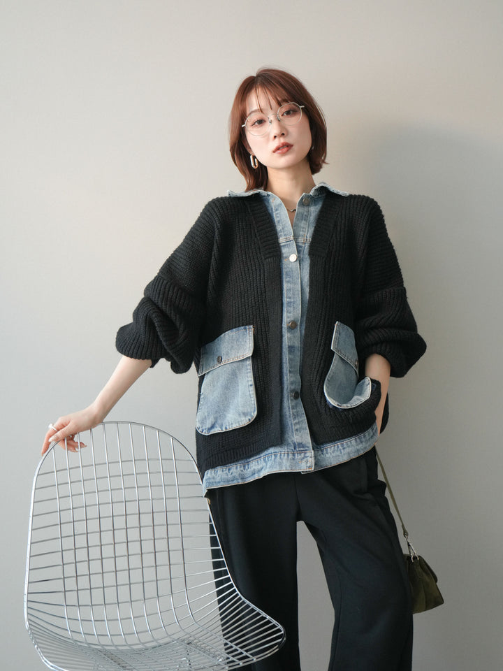 [予約]デニムドッキングオーバーニットジャケット/black