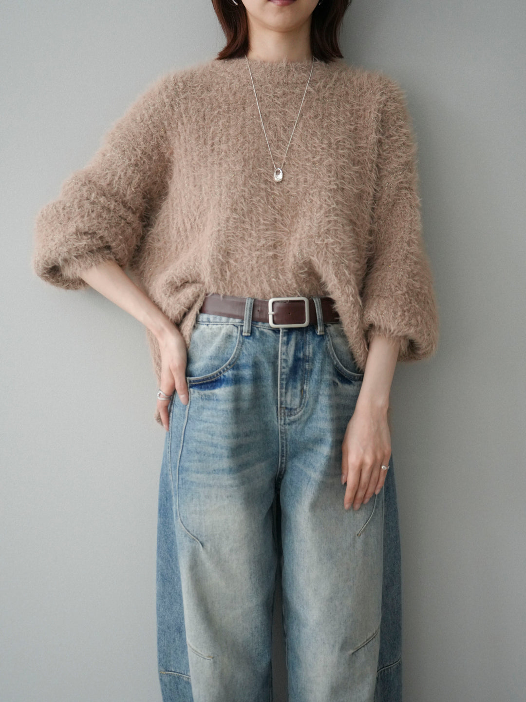 [SET]ボリュームスリーブシャギー MIXニットプルオーバー+ベルト付カーブデニムパンツ(2set)