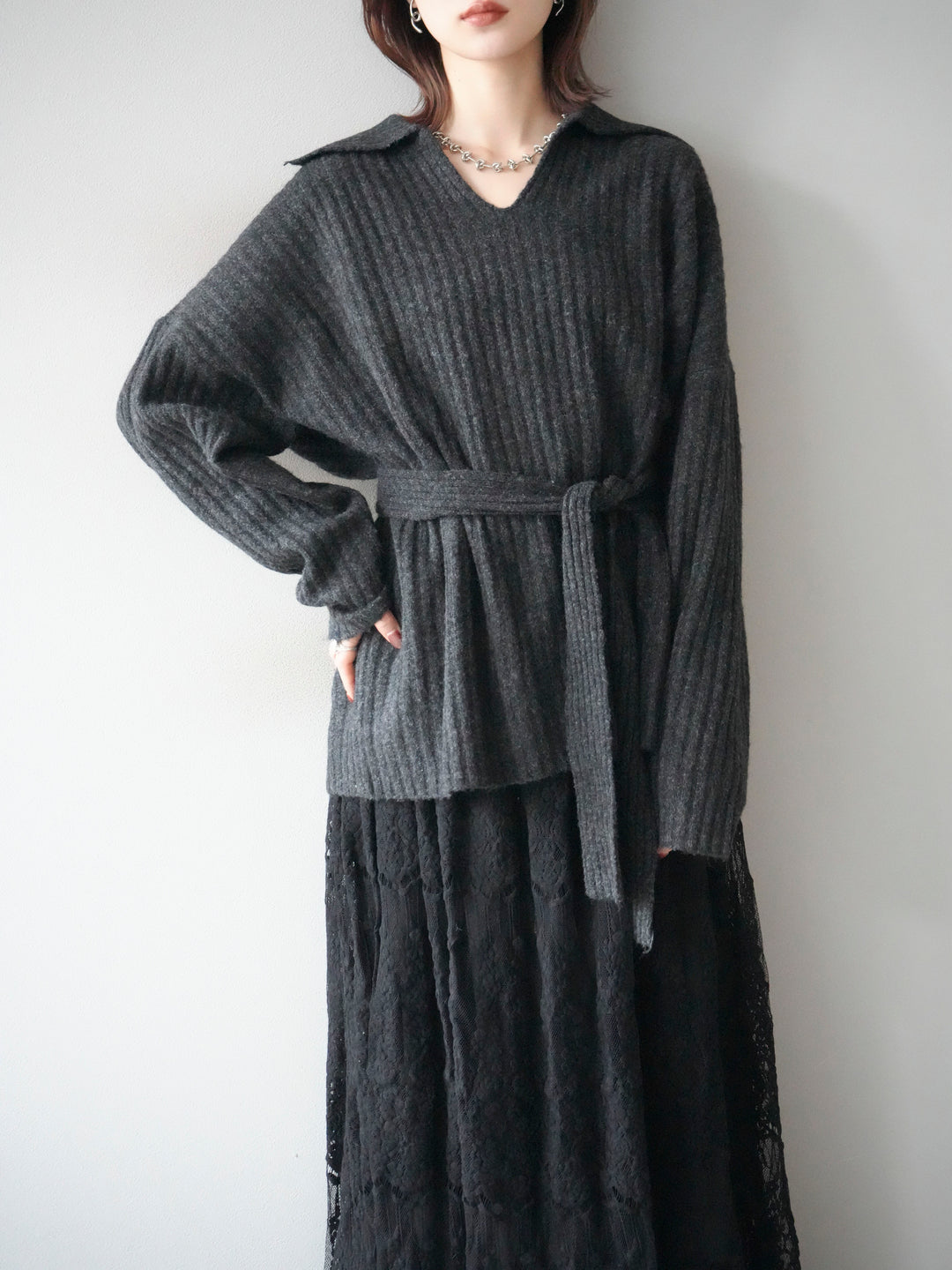 [予約]ワイドリブポロニットプルオーバー/darkgray