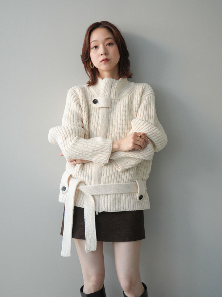 [SET]畦編みボトルネックZIPニットカーディガン+ウールタッチベルト付ミニスカート(2set)