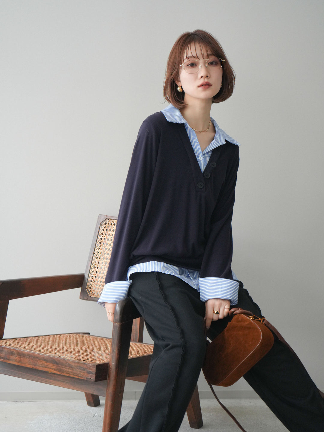 [予約]シャツレイヤードデザインカットプルオーバー/navy