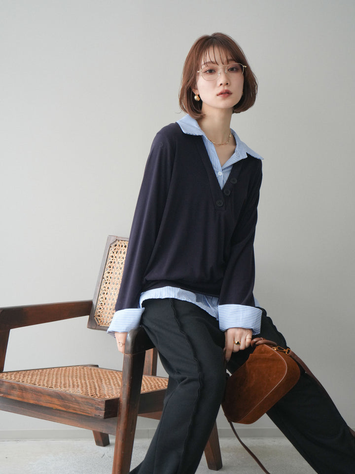 [予約]シャツレイヤードデザインカットプルオーバー/navy