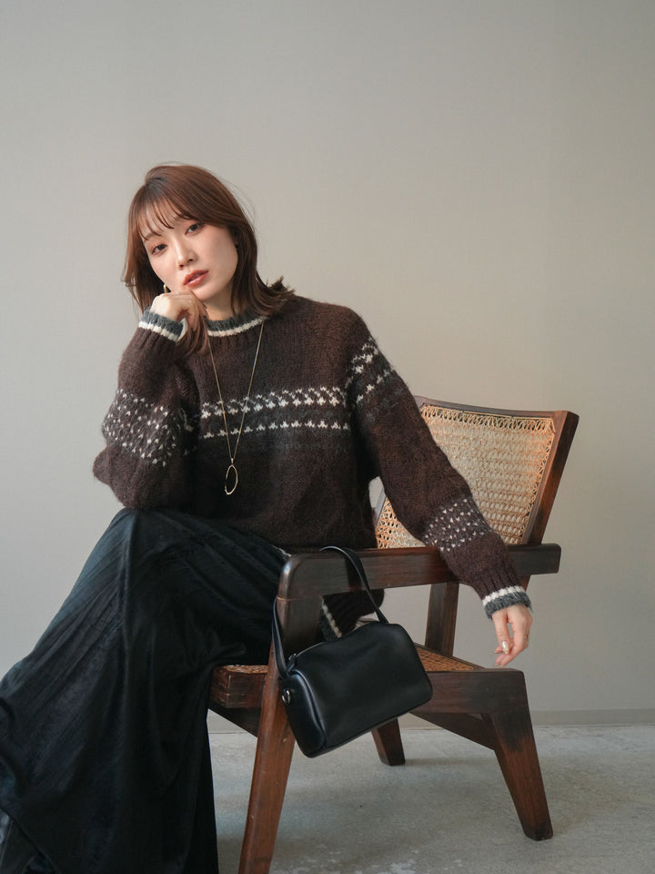 [予約]裾配色ノルディック柄ニットプルオーバー/brown
