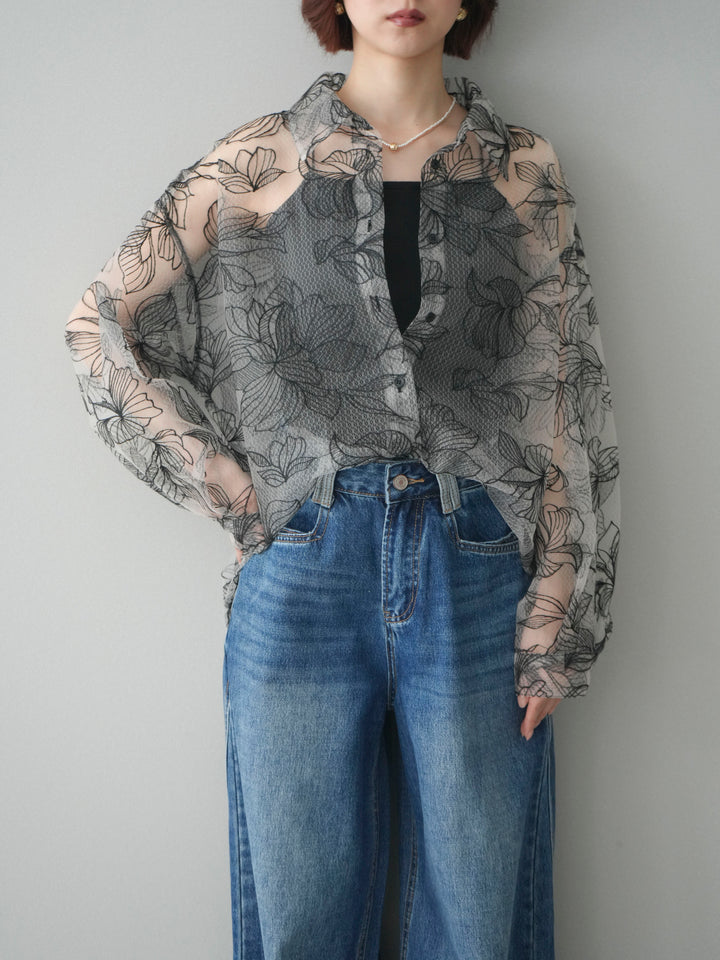 [予約]チュールフラワー刺繍オーバーシャツ/black