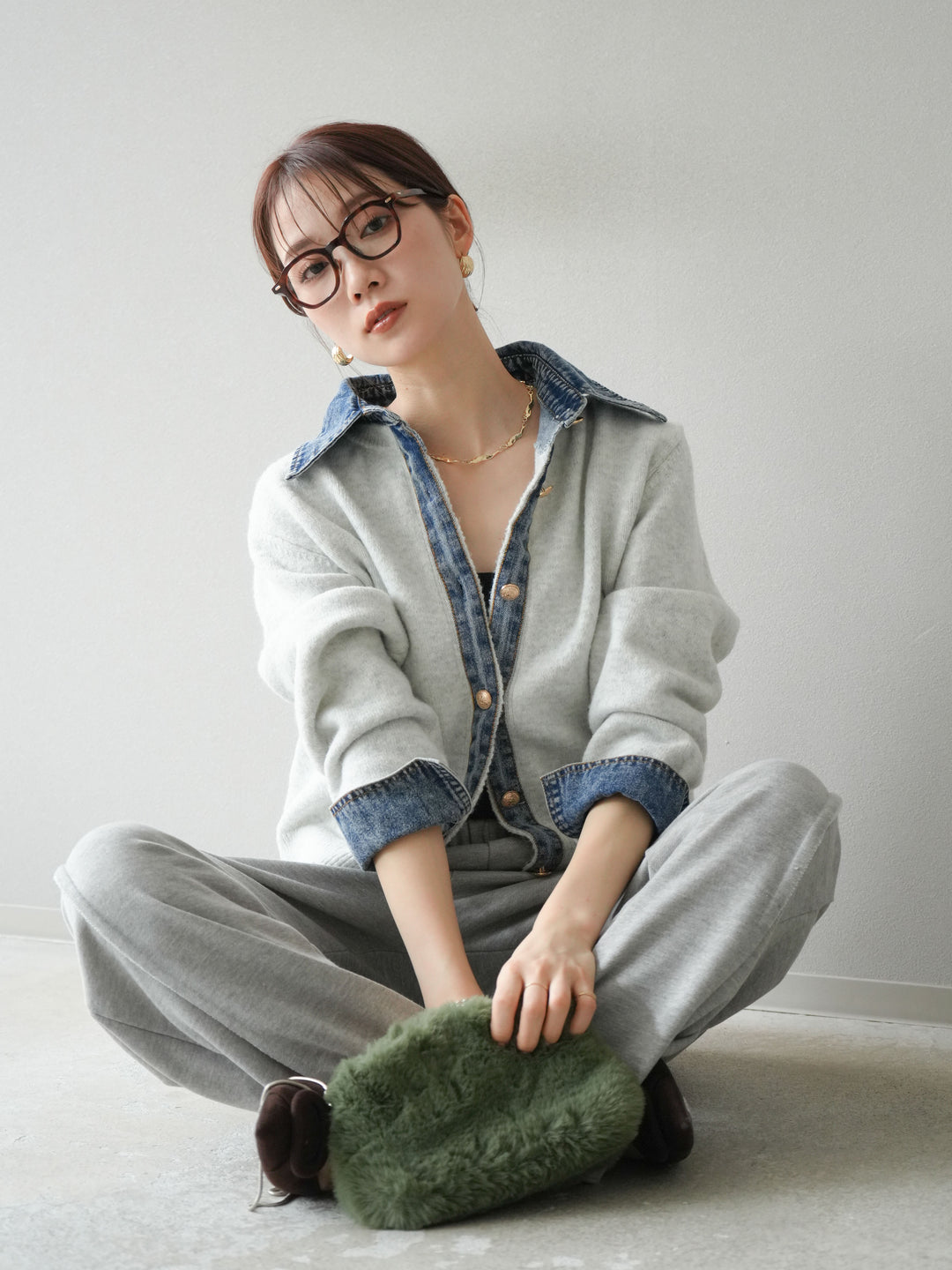 [SET]デニム襟ボタンニットカーディガン+2WAYデザインスウェットパンツ(2set)