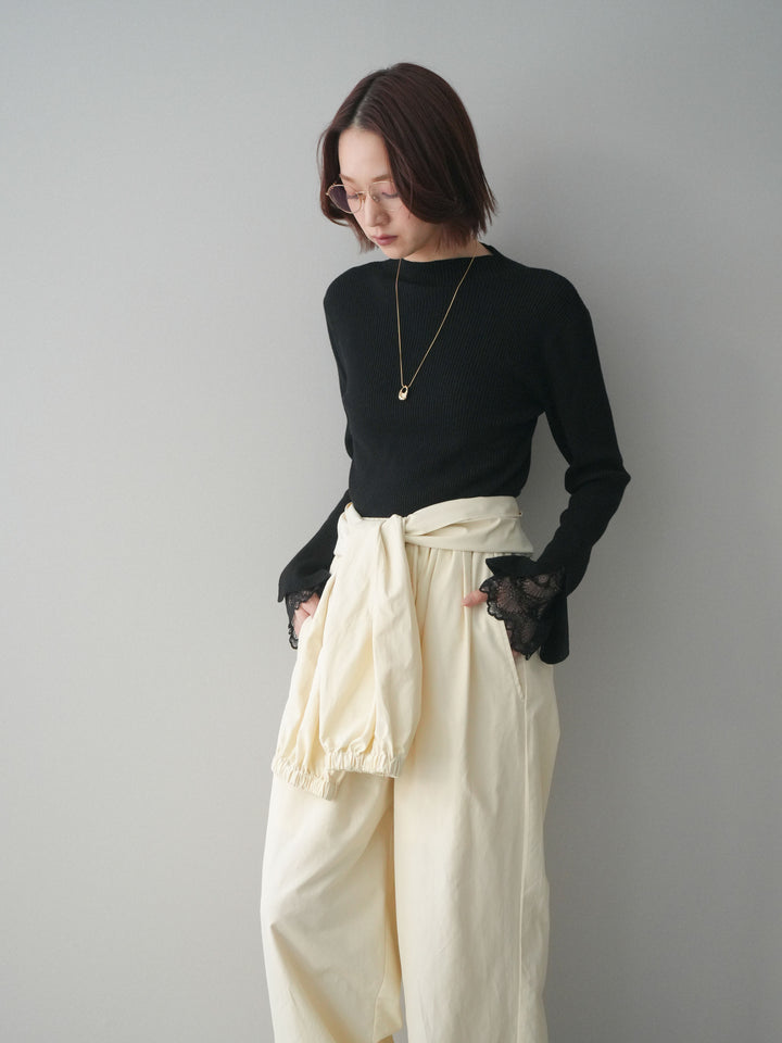 [SET]袖スカラップレースオフネックニットトップス+ウエスト巻きデザインドロストコットンナイロンパンツ(2set)