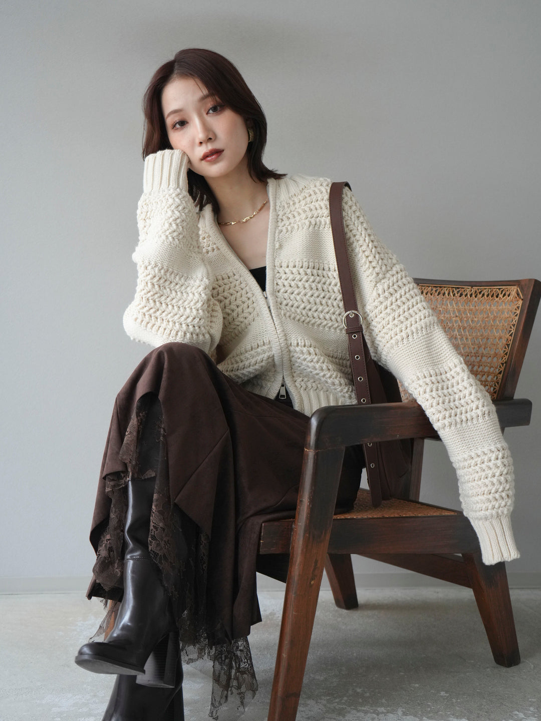 [予約]ケーブル編みZIPニットカーディガン/ivory