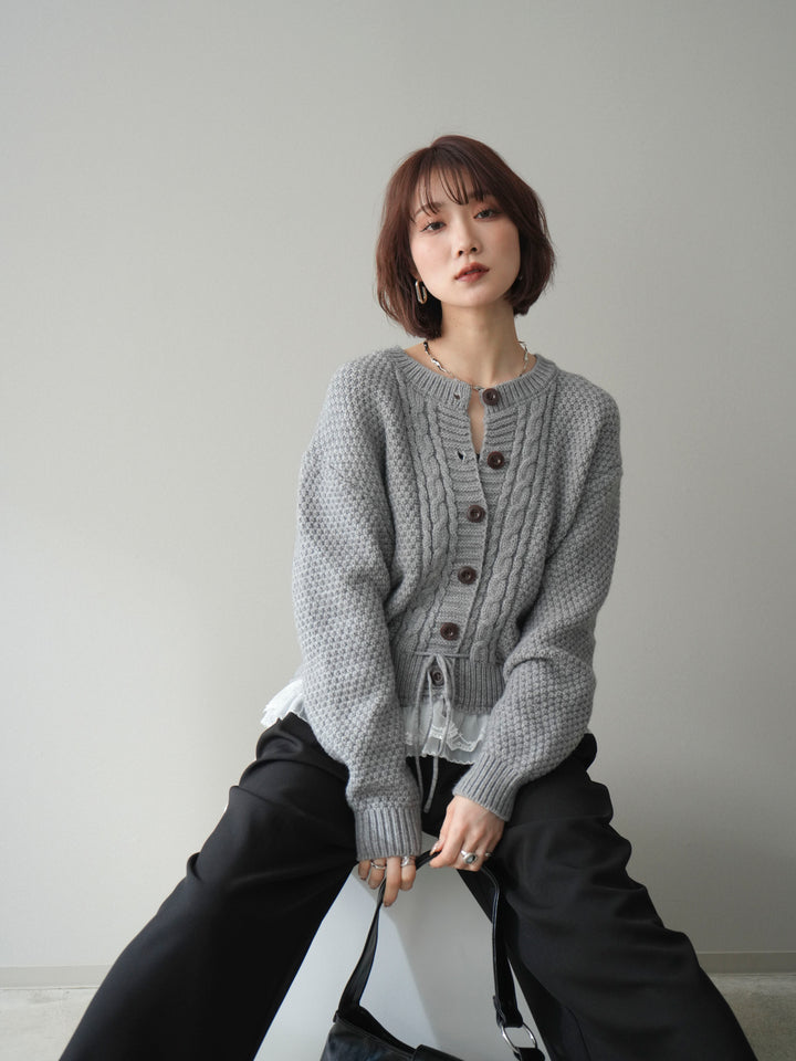 [予約]裾レースケーブルニットカーディガン/gray