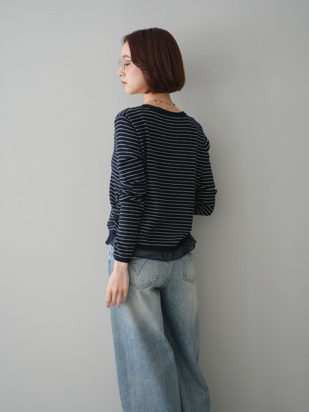 [SET]チュールレイヤードデザインボーダーニットトップス+ダメージデニムセミワイドパンツ(2set)