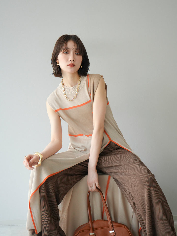 [SET] 配色開衩針織洋裝 + 波浪滾邊休閒褲 (2件套)