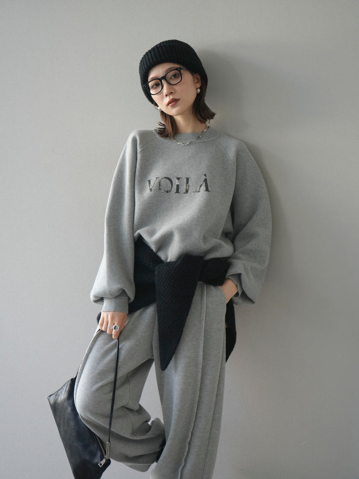 [予約]スウェットライクビーズロゴ刺繍ニットプルオーバー/mokugray