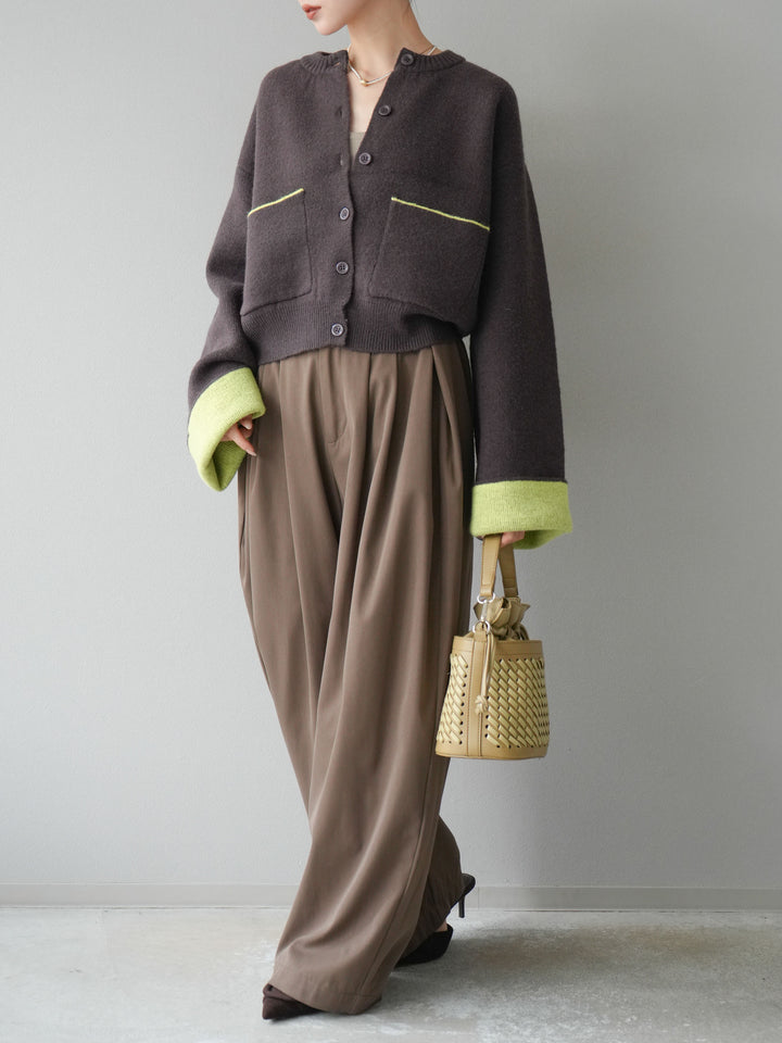 【SET】雙色針織開襟衫+褶襉設計寬褲（2套）