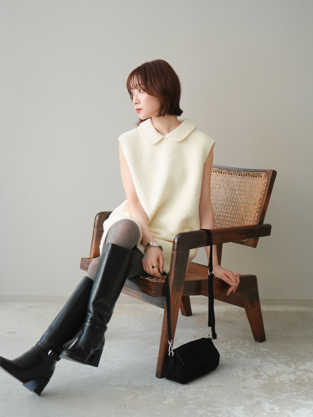 [予約]襟付きブークレミニワンピース/offwhite