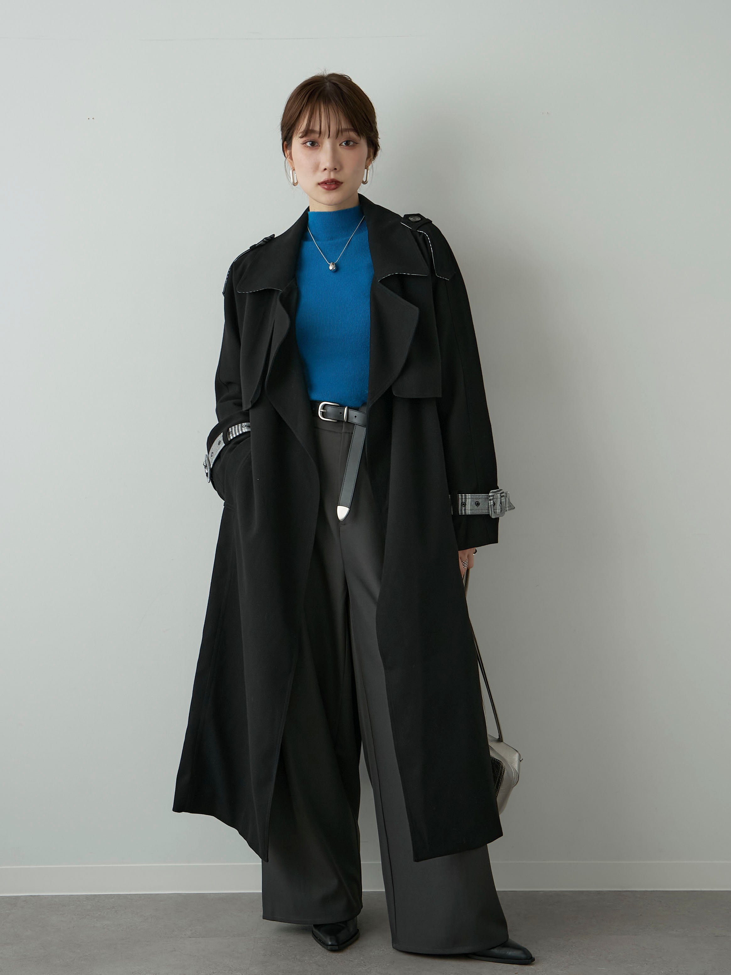 SET]チェックコンビトレンチコート+ツイルタックワイドパンツ(2set