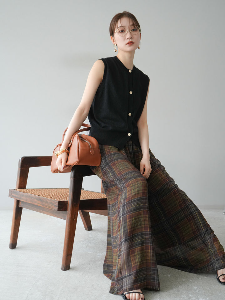 [SET] 金銀絲針織背心 + 透視格紋寬鬆褲 (2 件套)