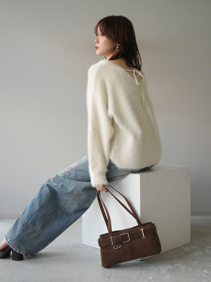 [SET]バックリボンVネックシャギーニットプルオーバー+選べるアクセセット(2set)