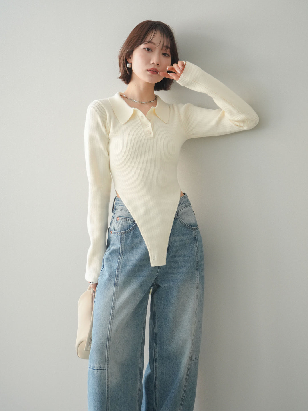 [予約]リブポロニットボディスーツ/ivory