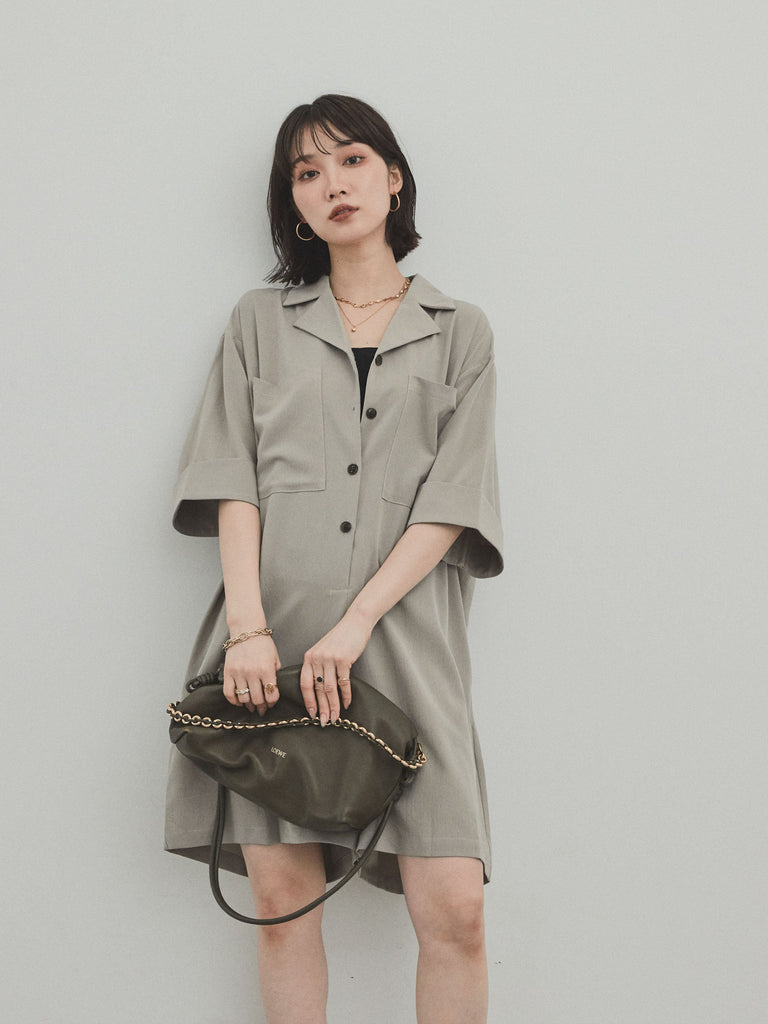 RESTOCK】[予約]クレープシフォンシャツロンパース/グレージュ – Lumier