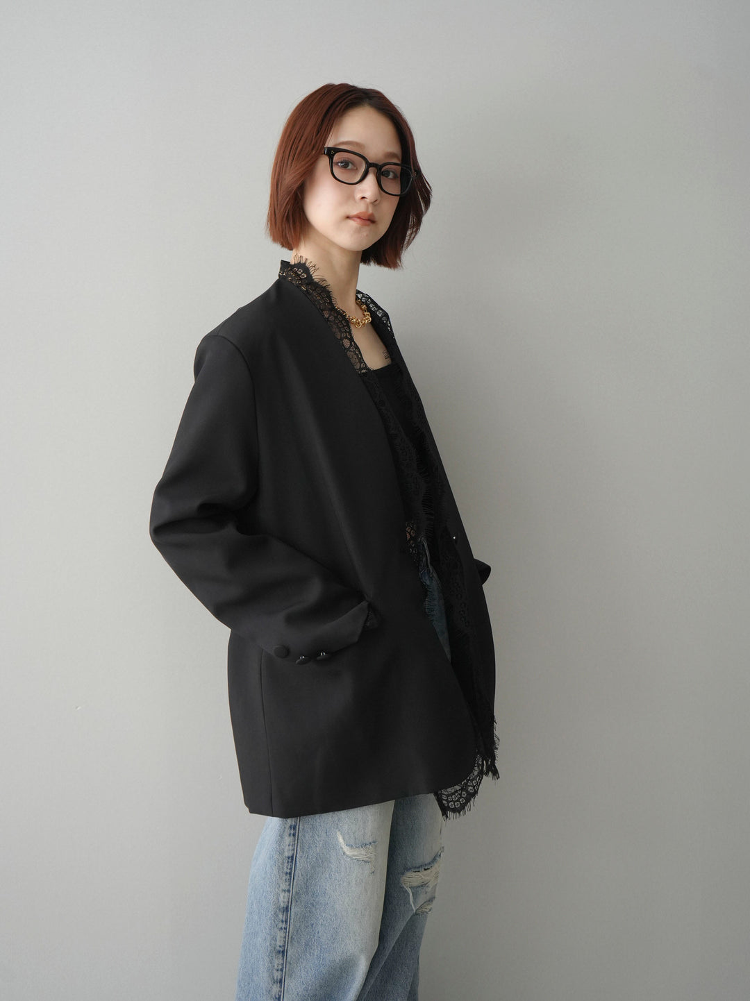 [SET]ノーカラーレースジャケット+カップ付テレコリブベアキャミソール(2set)