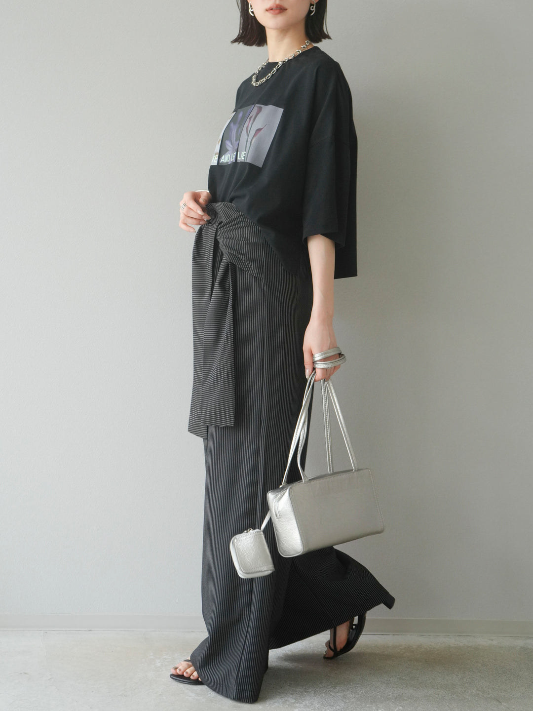 【預購】條紋裹腰闊腿褲/黑色