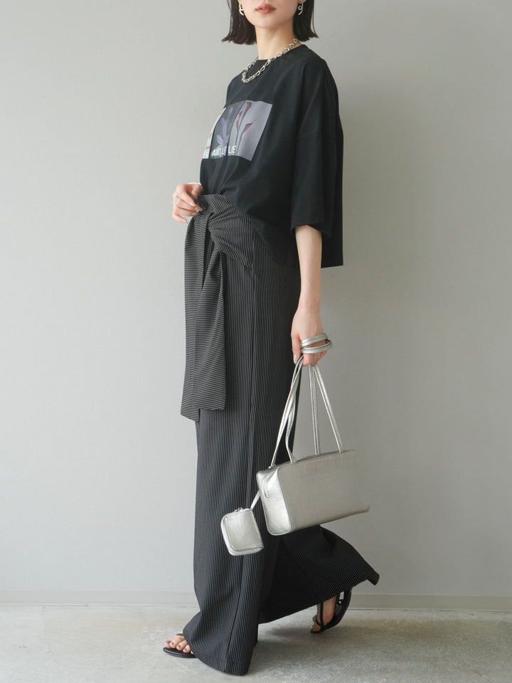 【預購】條紋裹腰闊腿褲/黑色