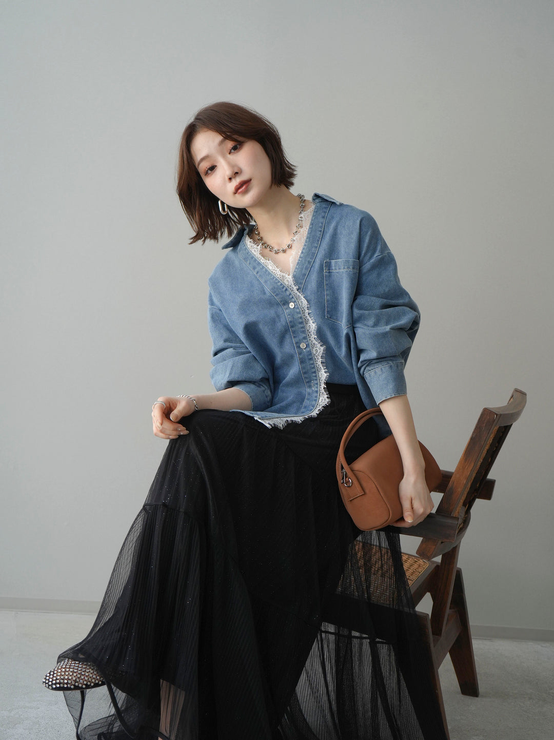 [SET]レースレイヤードデニム開襟シャツ+ラメプリーツレイヤードチュールロングスカート(2set)