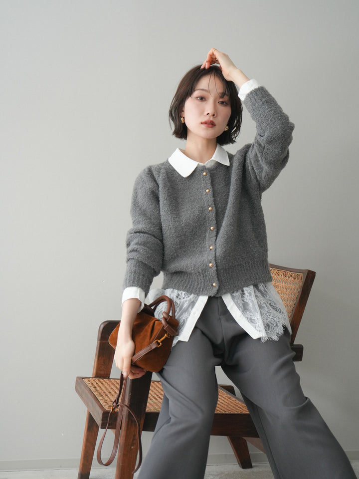 [SET]ゴールドボタンブークレニットカーディガン+総レースボリュームスリーブシャツ(2set)