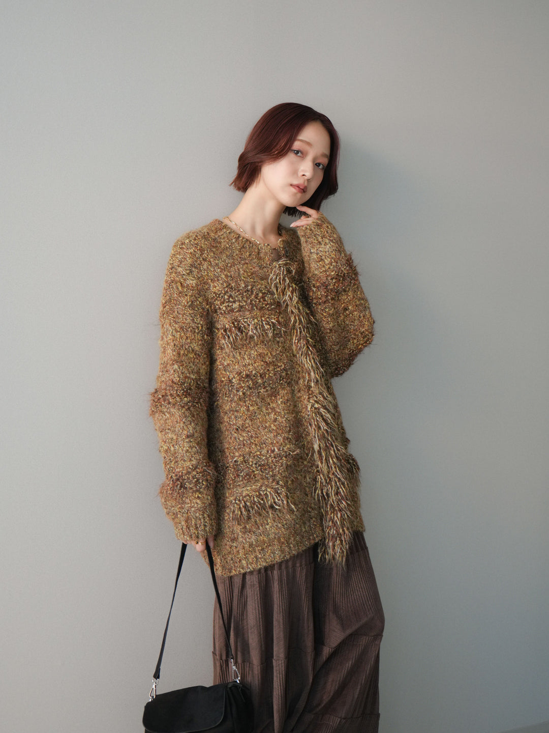 [SET]ミックスヤーンフリンジデザインニットジャケット+型押しスエードティアードプリーツスカート(2set)