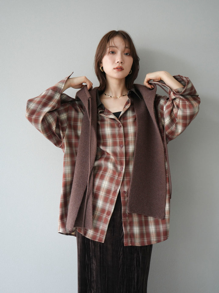 [予約]レザー襟オンブレチェックオーバーシャツ /レッド