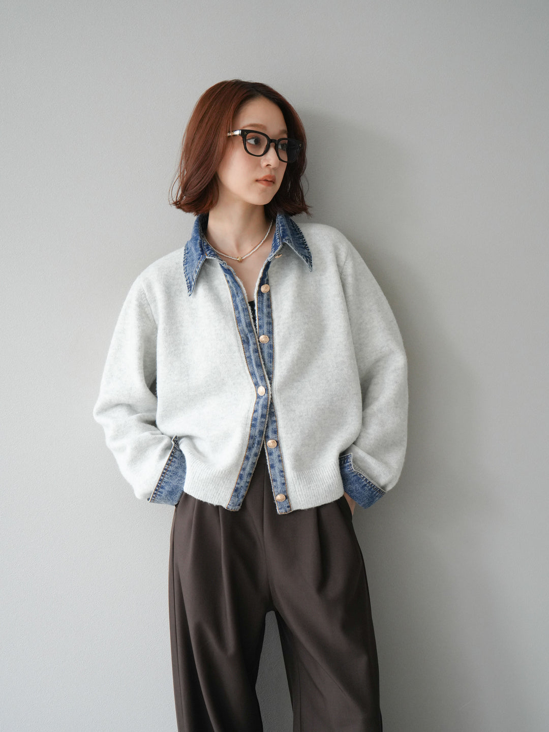 [SET]デニム襟ボタンニットカーディガン+エステルタックワイドパンツ(2set)