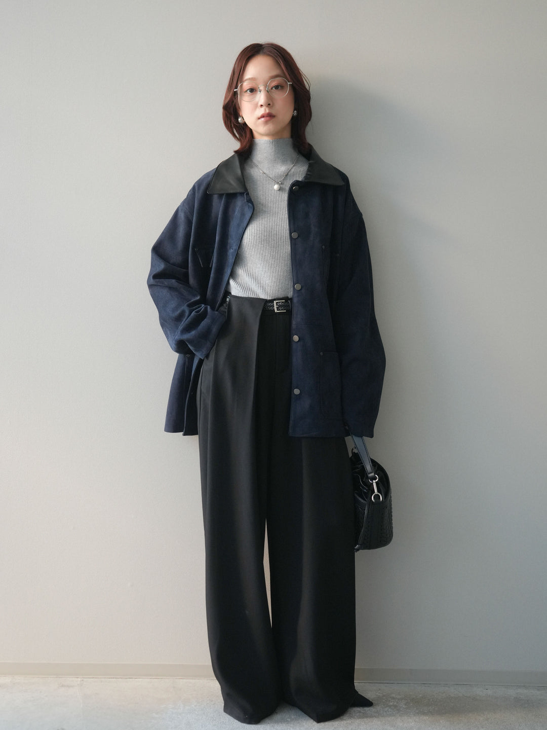 [SET]襟レザーステンカラースエードジャケット+袖ボタンボトルネックリブニットトップス+ベルトループデザインワイドパンツ(3set)