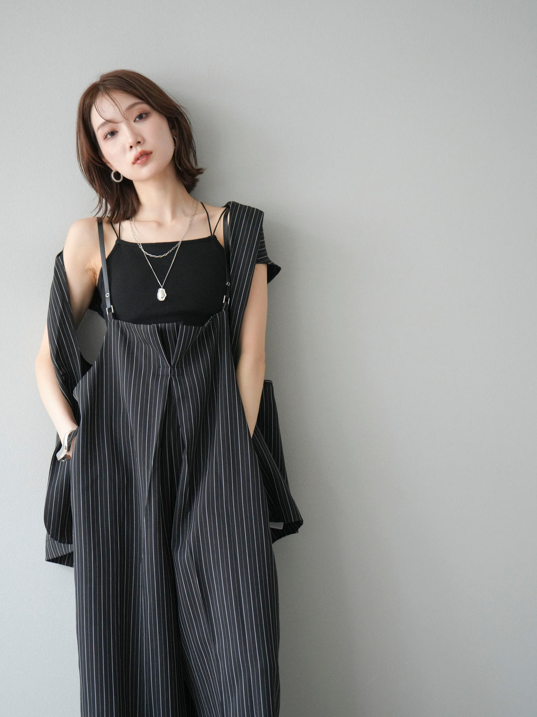 【着回しセット】[SET]ヘリンボーンストライプジレ+シアー切替ベロアトップス+ヘリンボーンストライプサロペット(3set)