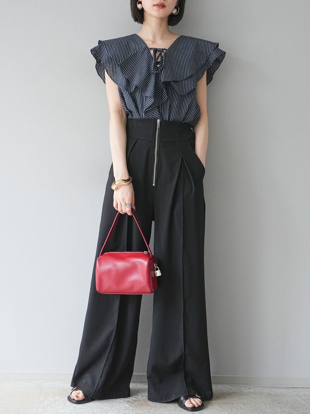 [予約]リネンライクストライプラッフルブラウス/ネイビー