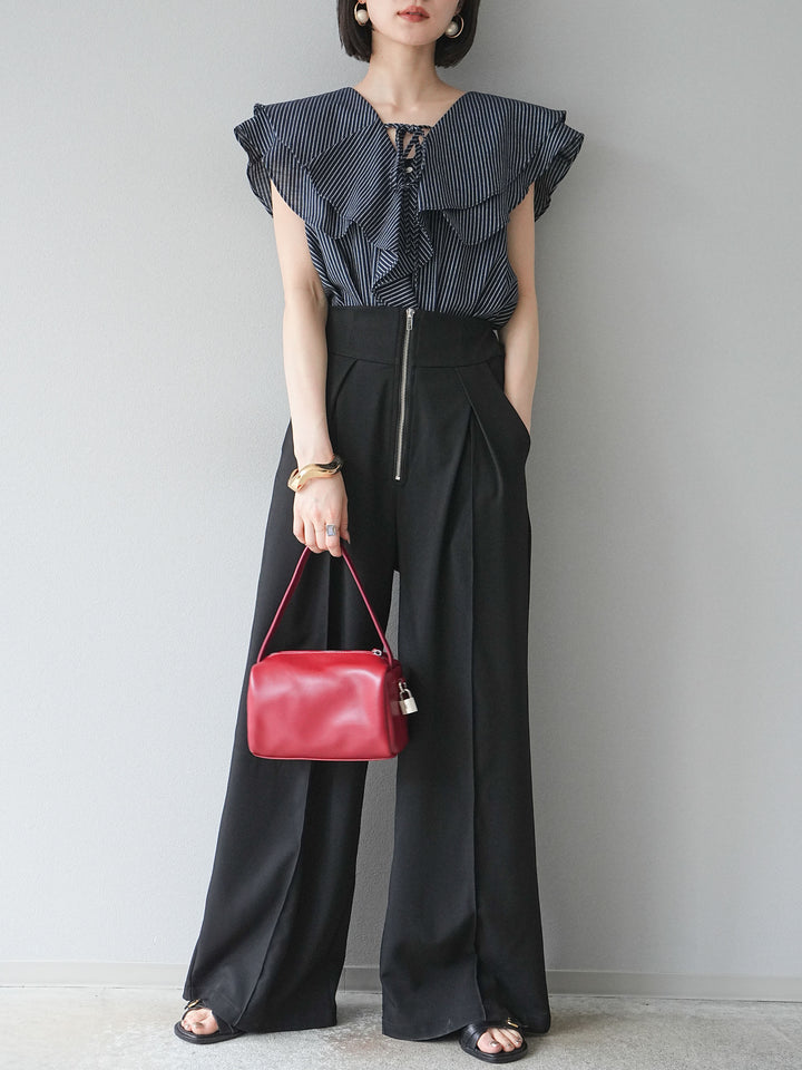 [予約]リネンライクストライプラッフルブラウス/ネイビー