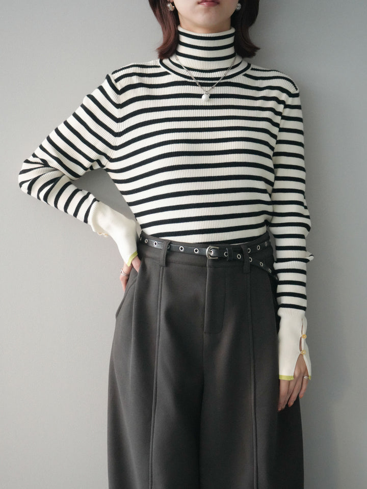[SET]袖配色ハイネックボーダーリブニットトップス+ベルト付き裏起毛ワイドパンツ(2set)