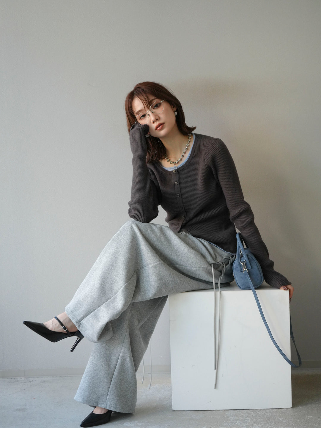 [予約]レイヤード配色ニットカーディガン/グレー