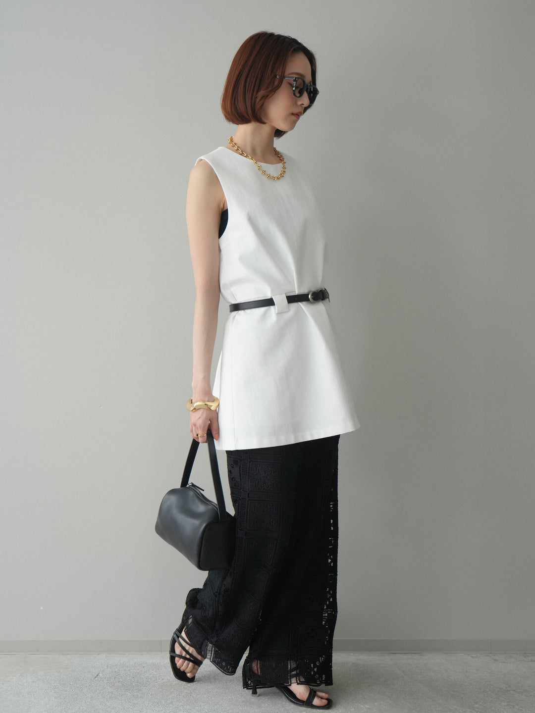 [SET]ベルト付リネンライクノースリチュニック+パネルレースイージーパンツ(2set)